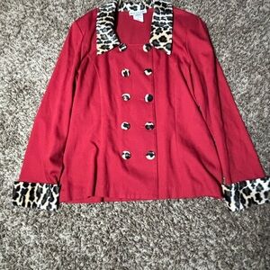 Stylish Red Pea Coat with Leopard Print Accents